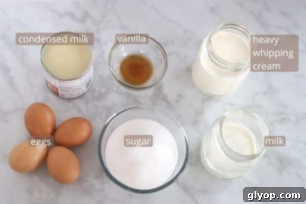 Impossible Chocolate Flan 3 Easy flan ingredients on a marble table