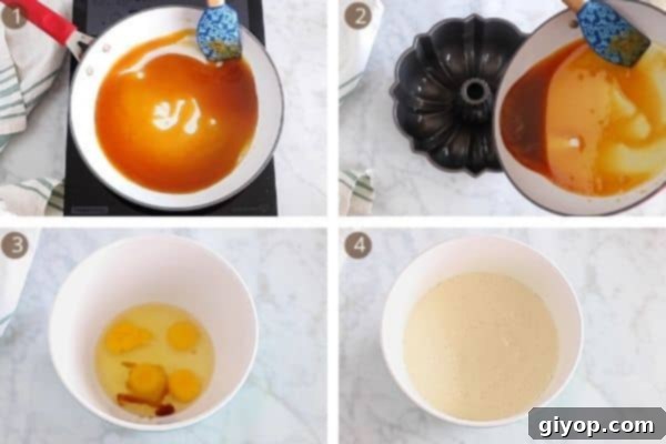 Impossible Chocolate Flan 5 steps for making the caramel flan layer of the cake.