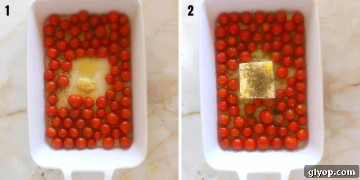 Creamy Tomato Feta Pasta 4 A collage of two images showing how to prepare and season feta for baking.