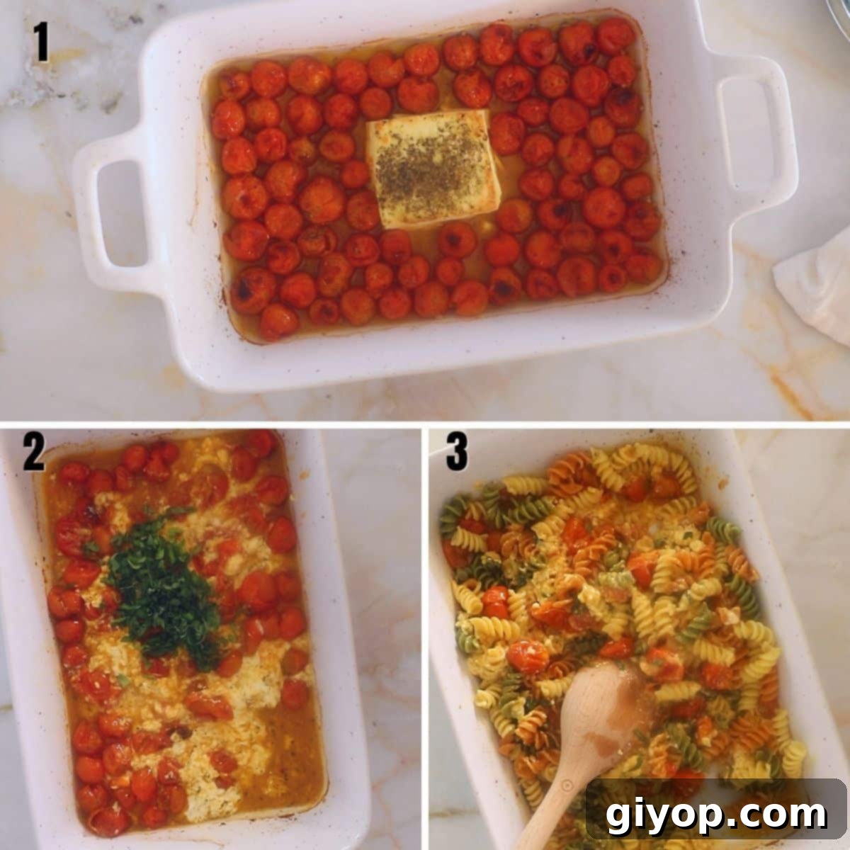 Creamy Tomato Feta Pasta 5 A collage of three images showing how to finish off feta pasta.