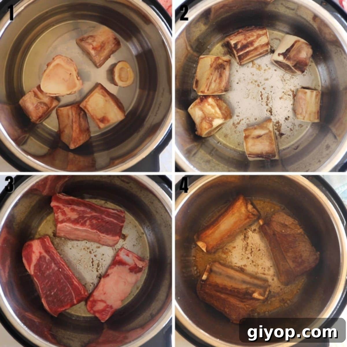 A collage of 4 images showing how to roast bones in the instant pot.