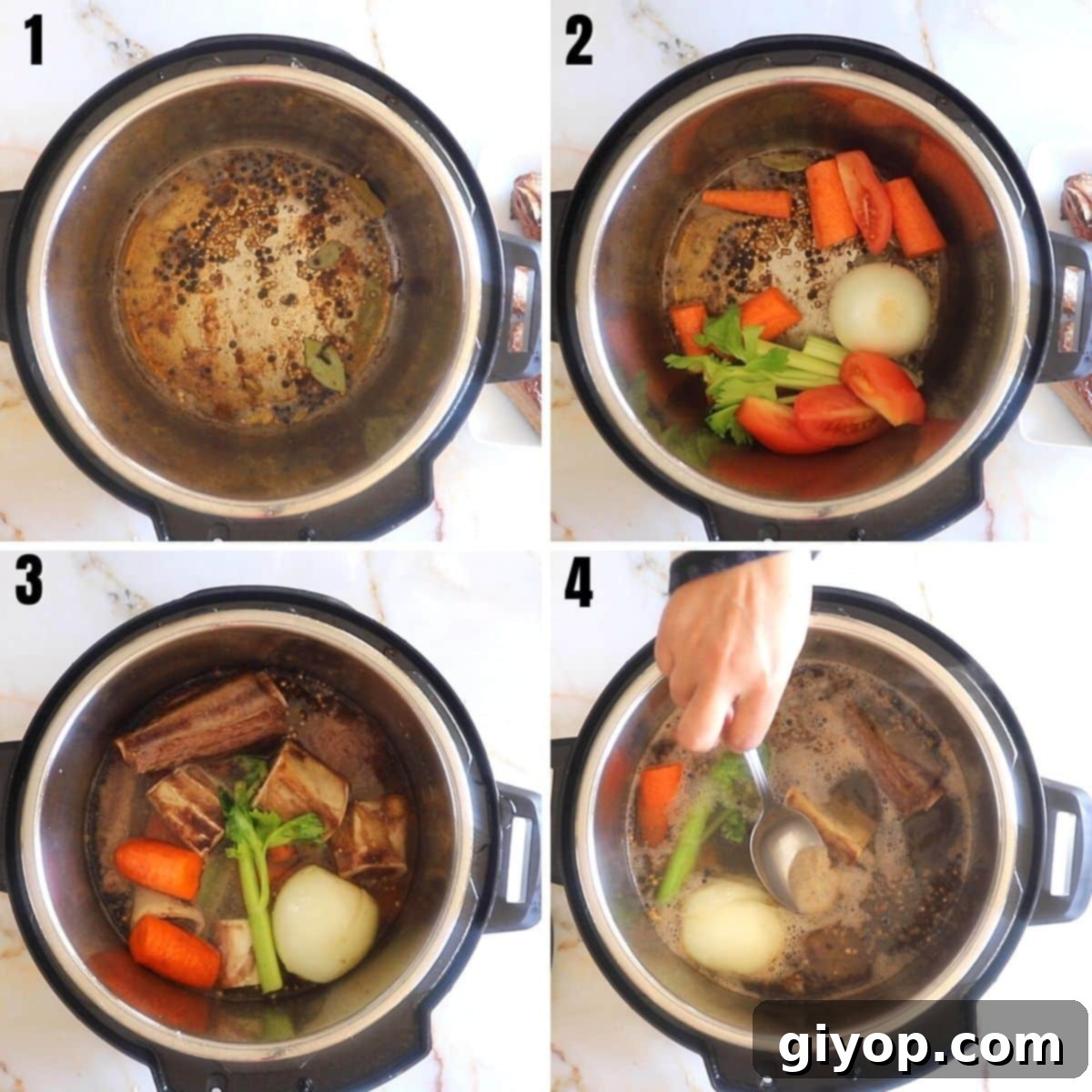A collage of 4 images showing how to bloom spices and vegetables in the instant pot prior to making the bone broth.