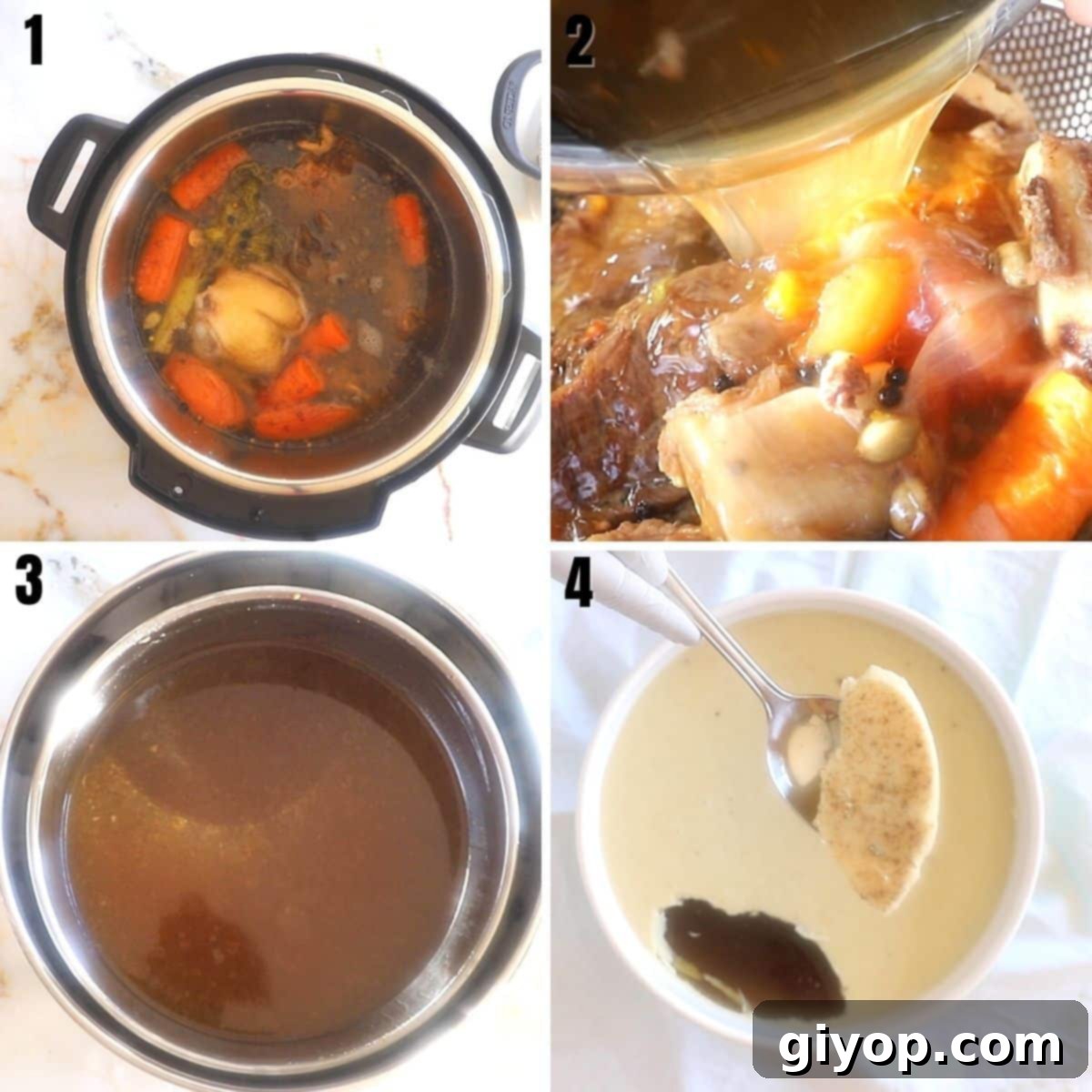 A collage of 4 images showing how to strain the bone broth and how to quickly cool it down.
