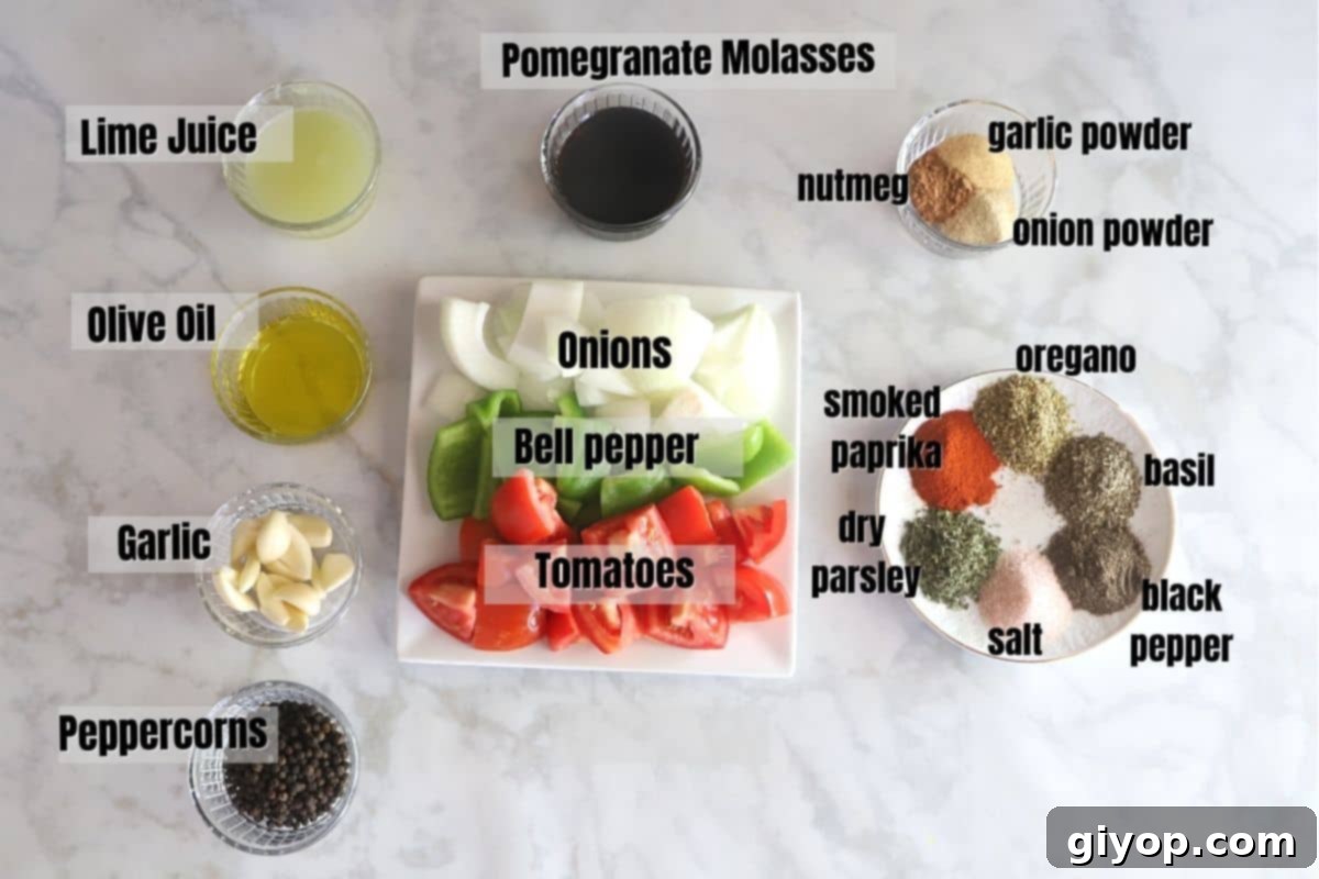 Spiced Middle Eastern Lamb Leg 3 A collection of ingredients for a leg of lamb spice mix, including fresh vegetables and various dried spices, arranged on a white marble table.