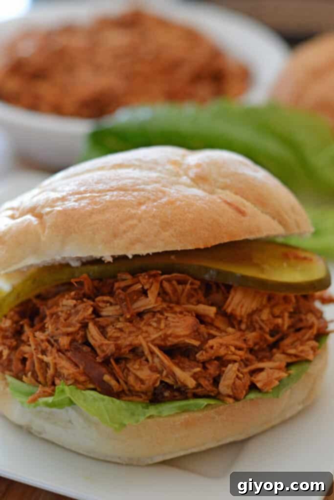 A mouthwatering pulled chicken sandwich presented on a white plate, with crisp lettuce leaves in the background.