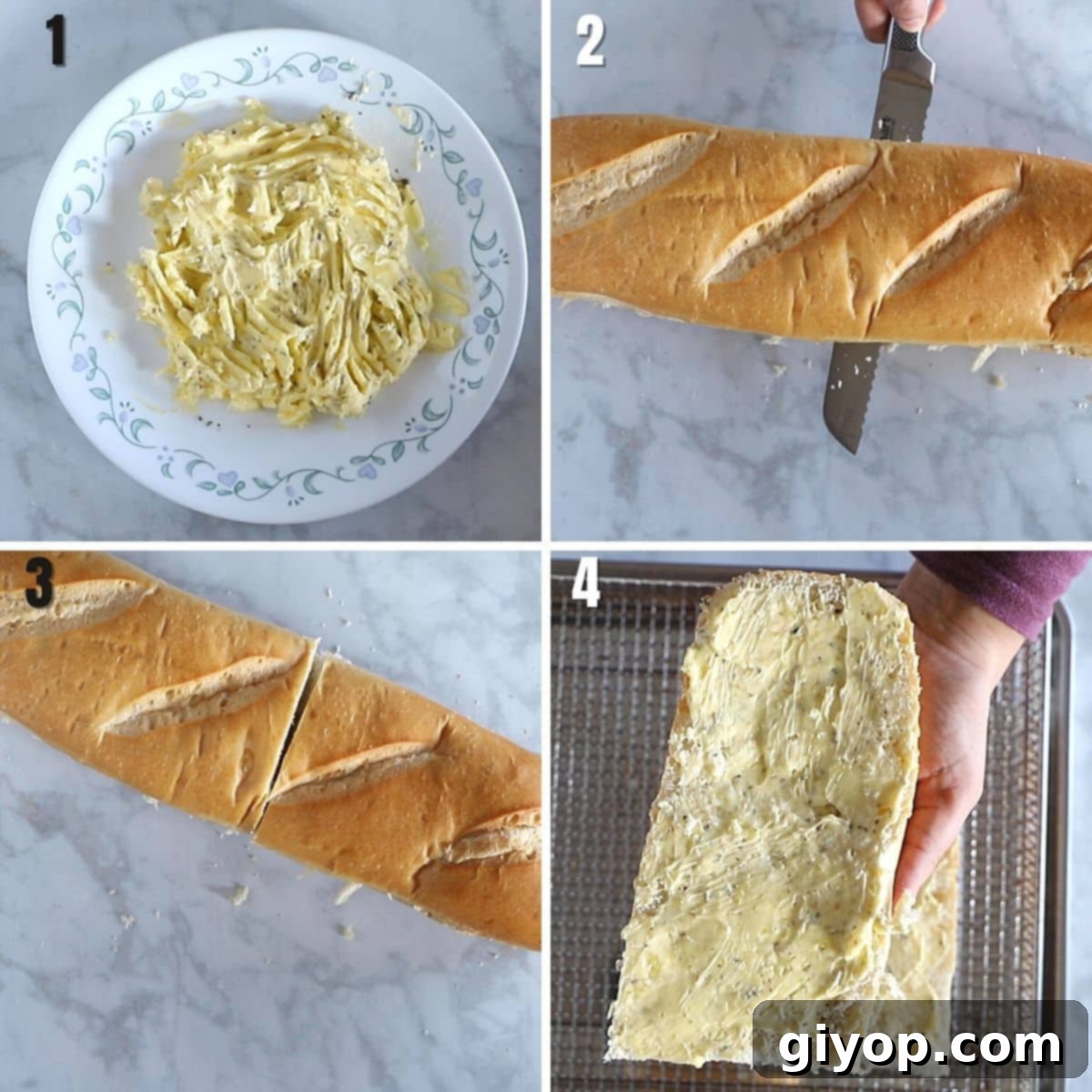 A collage of four images showing how to make air fryer garlic bread.