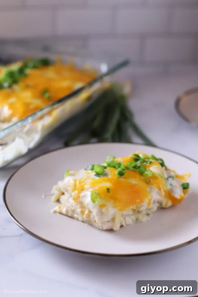Meal Plan 8 5 A perfectly portioned piece of Sour Cream Chicken Enchilada Casserole, artfully plated on a white dish, revealing its layers of tender chicken, soft tortillas, and creamy, cheesy sauce.