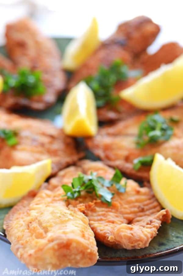 Elevated Eating Guide 4 Crispy golden-brown tilapia fillets arranged on a vibrant green platter, elegantly garnished with fresh lemon wedges and finely chopped parsley, ready to serve.