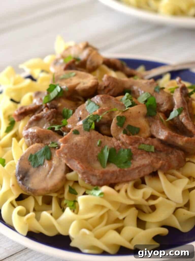 Elevated Eating Guide 5 A close-up view of a plate piled high with rich, creamy Beef Stroganoff, featuring tender slices of beef, mushrooms, and a velvety sauce, ready to be enjoyed.