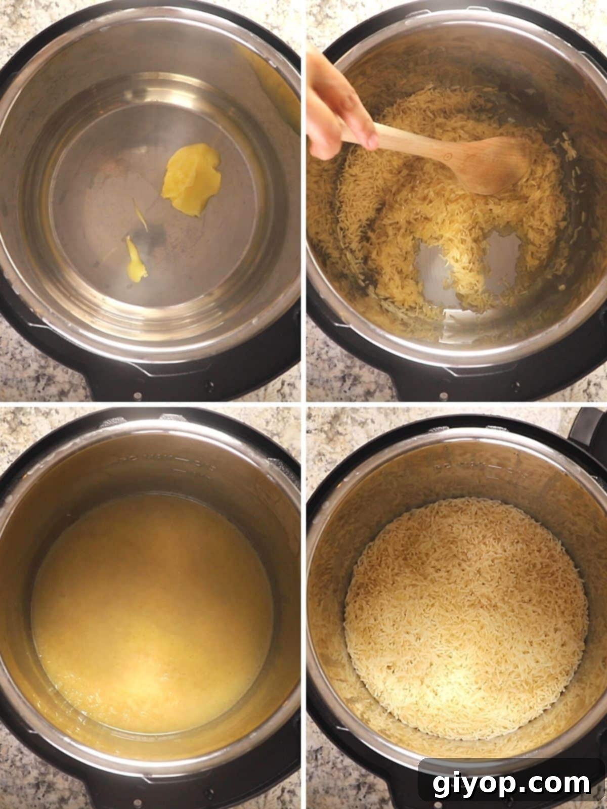 A series of images showing the process of cooking basmati rice in an Instant Pot, from sautéing ghee to sealing the lid.