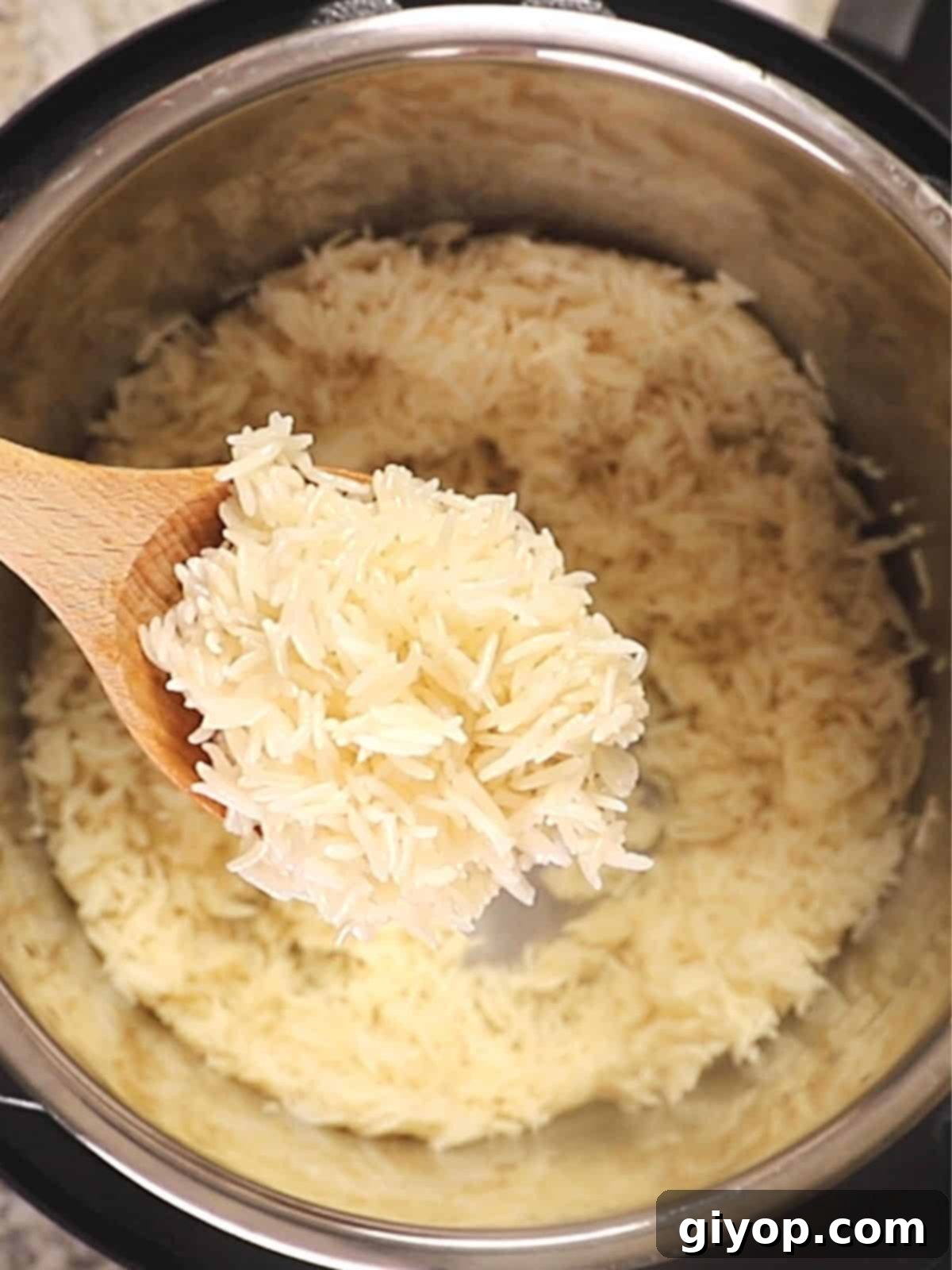 A perfectly cooked bowl of fluffy Instant Pot basmati rice, ready to be served, highlighting its ease and efficiency.