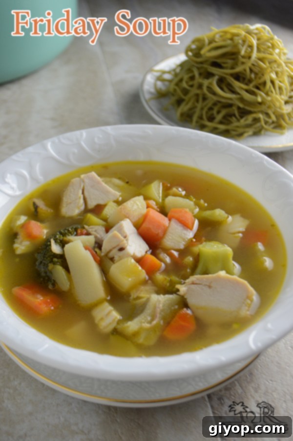 Friday's Leftover Comfort 2 A comforting bowl of chicken and vegetable soup, perfect for using leftovers.