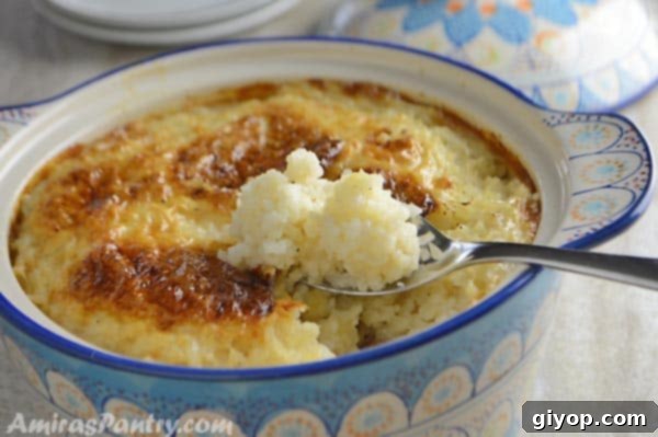 A close up of a bowl of food, with Rice pudding and spoon