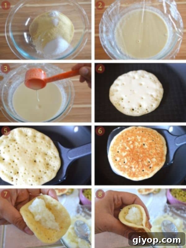 Sequential steps for making Qatayef Asafiri, showing batter, cooking, filling, and garnishing.