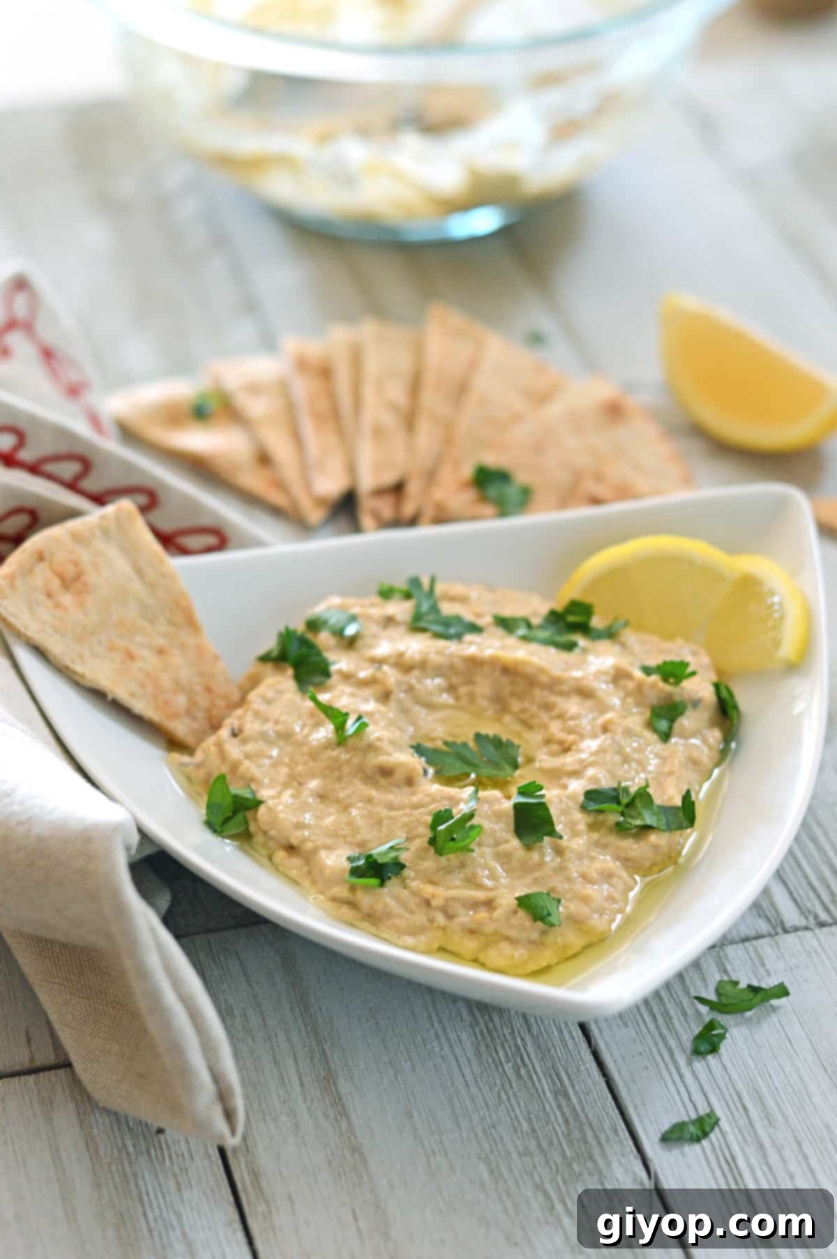 A beautifully presented plate of Baba Ganoush, garnished and ready to serve on a rustic wooden table.