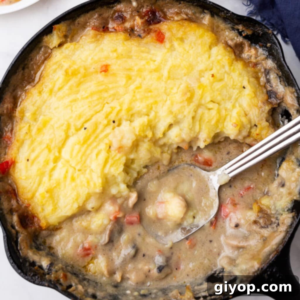 A bird's eye view of a cast iron skillet with chicken and mashed potatoes with a spoon in it.