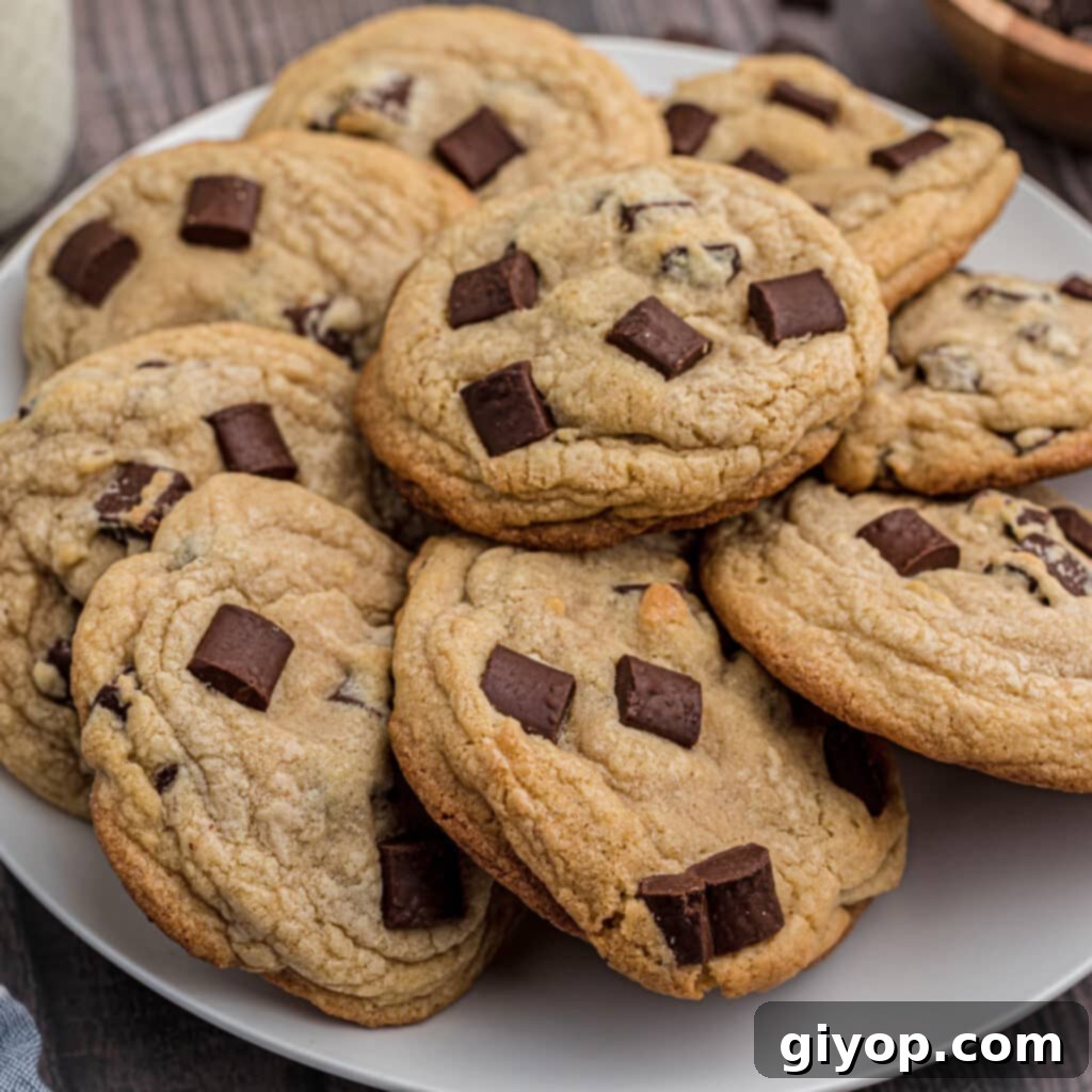 A zoom in image of chunky chocolate chip cookies on a white plate.