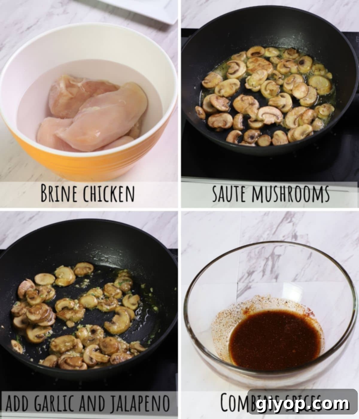 A collage of 4 images showing how to prepare mushroom to stuff chicken breast.