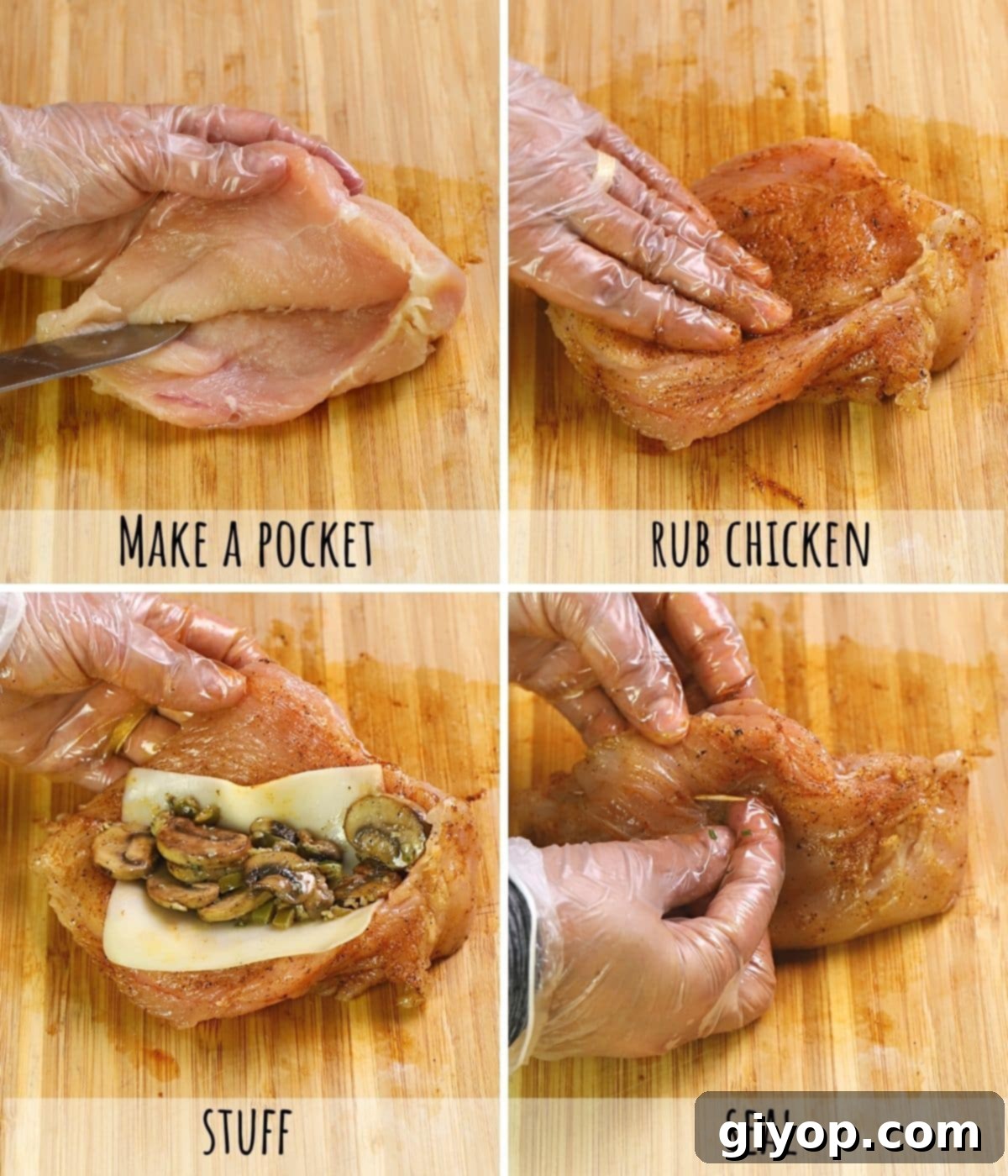 S collsge of 4 images showing how to cut and stuff chicken breasts.