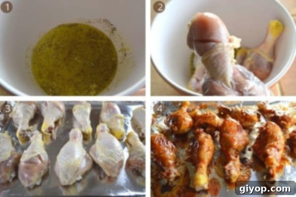 Step-by-step images showing chicken drumsticks being marinated, arranged on a baking sheet, and finally baked and glazed.
