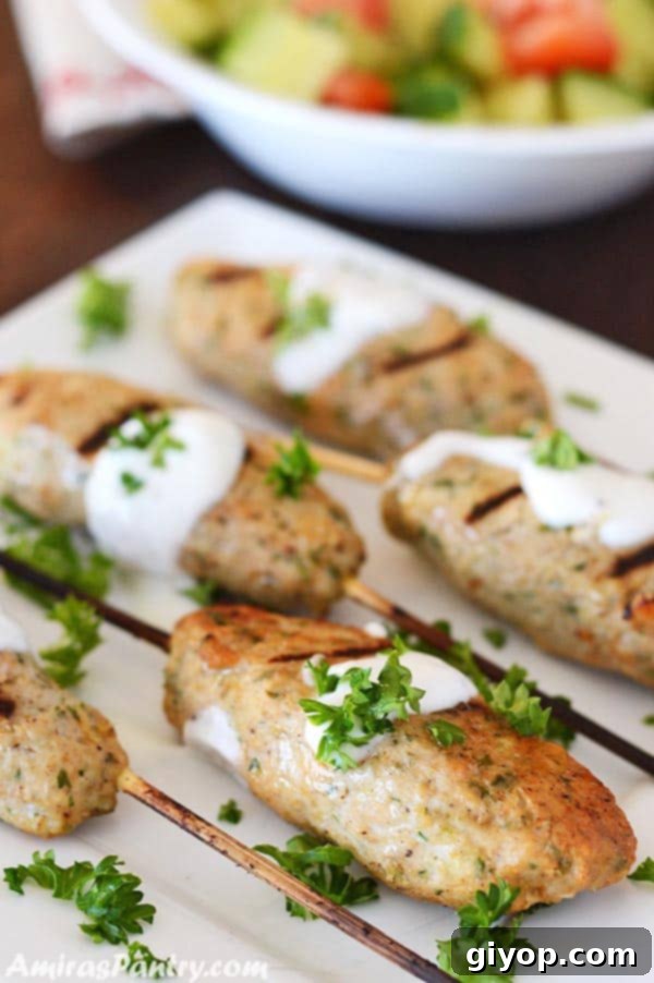 A plate of food, with golden-brown Chicken Kofta skewers garnished with fresh herbs.