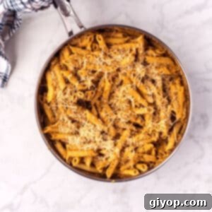 A bird's eye view of a skillet with sun dried tomato pasta, garnished and ready to serve.
