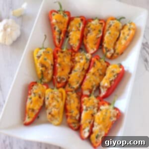 A white serving platter with stuffed sweet peppers.