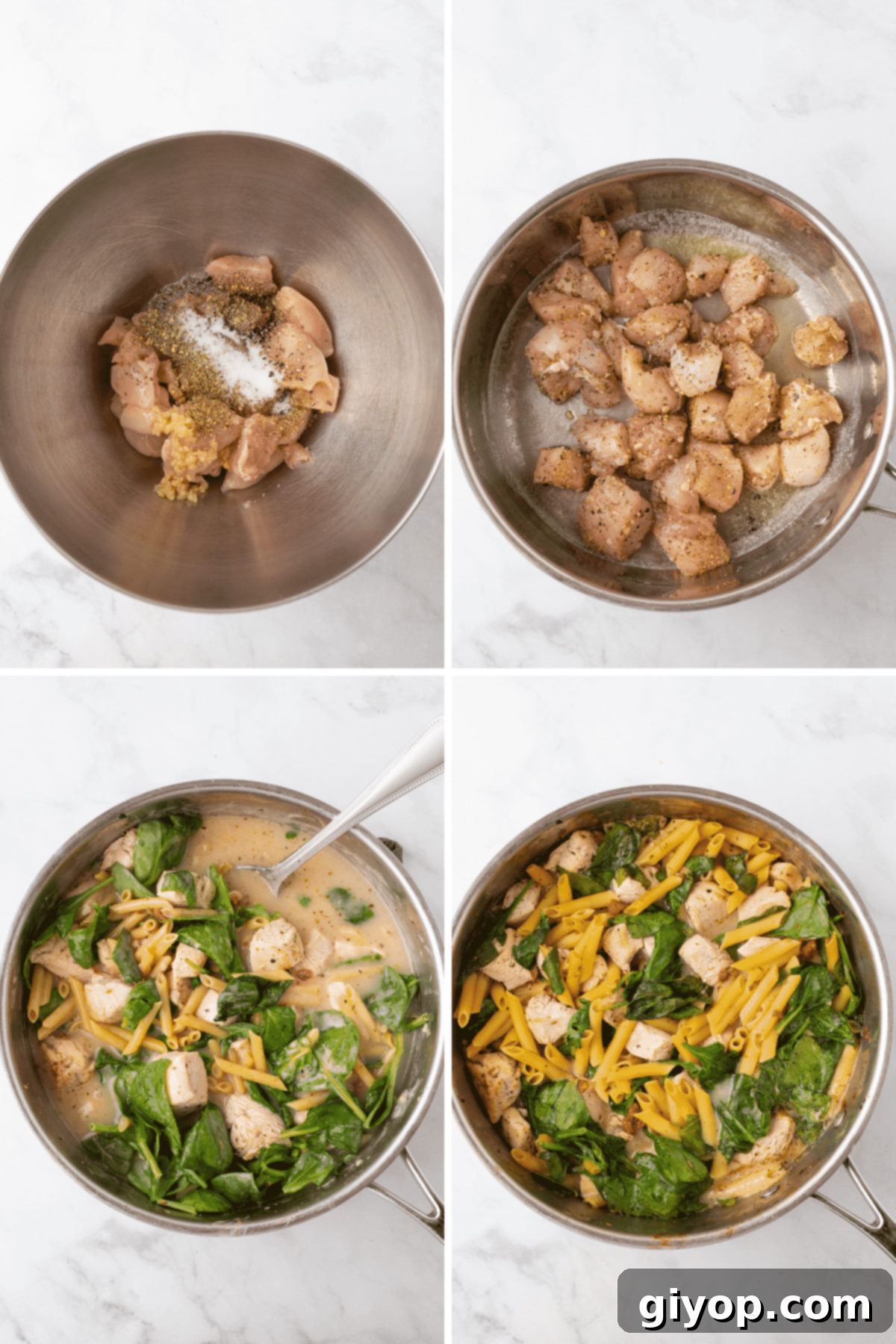 A four-panel collage showing the cooking process of Tuscan chicken pasta: seasoning chicken, searing chicken in a skillet, mixing ingredients, and the pasta baking in the oven.