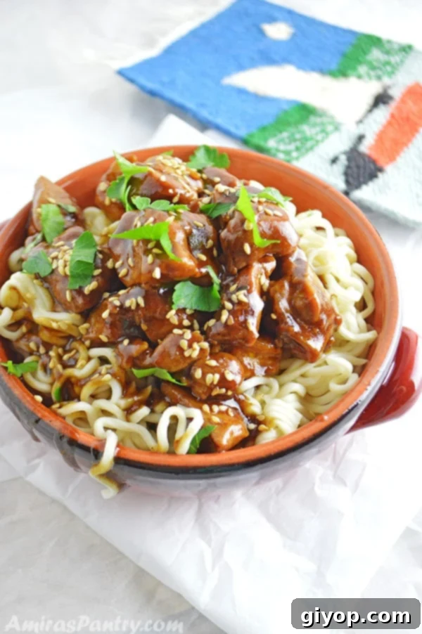 46 Smart Meal Solutions 5 A close-up shot of succulent Tamarind Chicken served over a bed of pasta, showcasing the rich, dark sauce and tender chicken pieces.