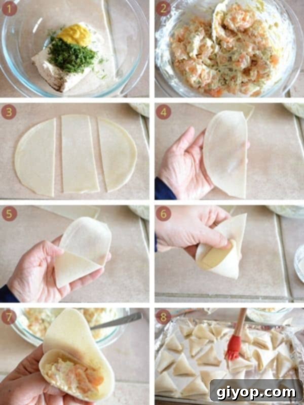Detailed steps to make baked shrimp samosas using tortillas.
