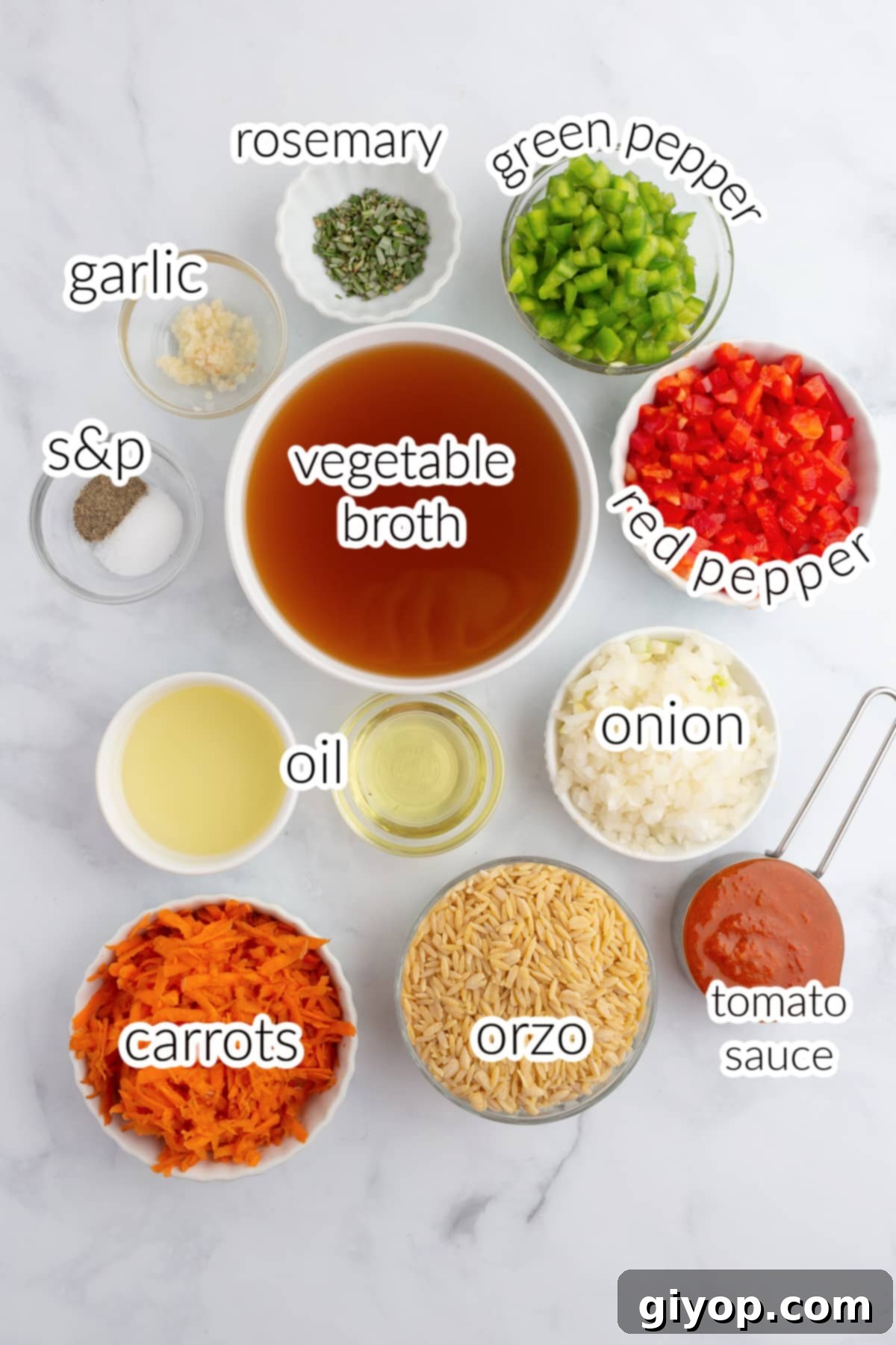 A beautiful display of fresh, vibrant ingredients laid out on a marble surface, including orzo pasta, chopped bell peppers, onions, garlic, carrots, and rosemary, ready for the vegetarian orzo recipe.