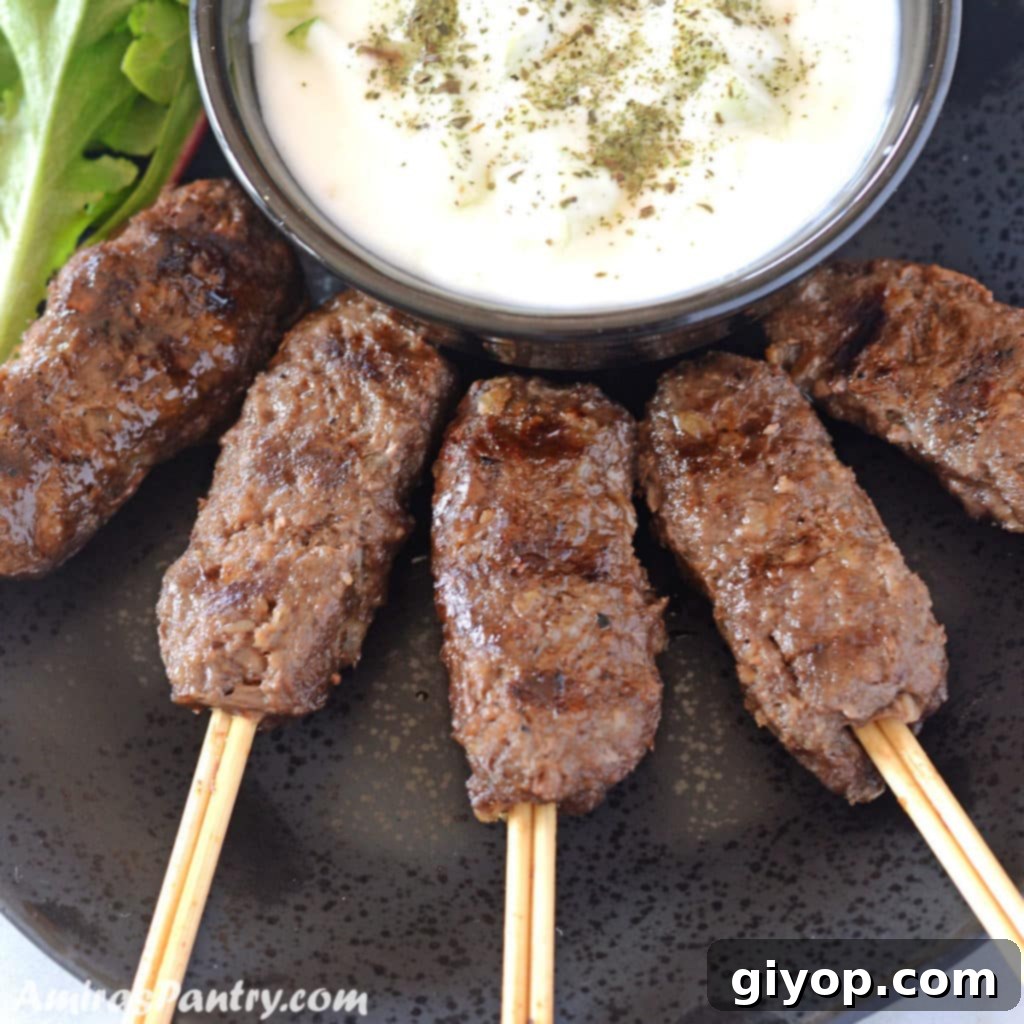 Grilled Kofta skewers beautifully arranged on a black plate, accompanied by a small bowl of creamy tzatziki sauce.