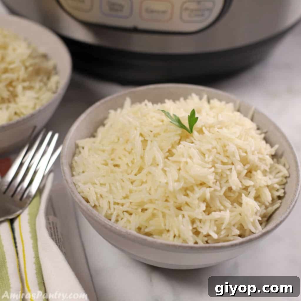 A grey bowl filled with fluffy basmati rice, with an Instant Pot softly blurred in the background, suggesting ease of preparation.