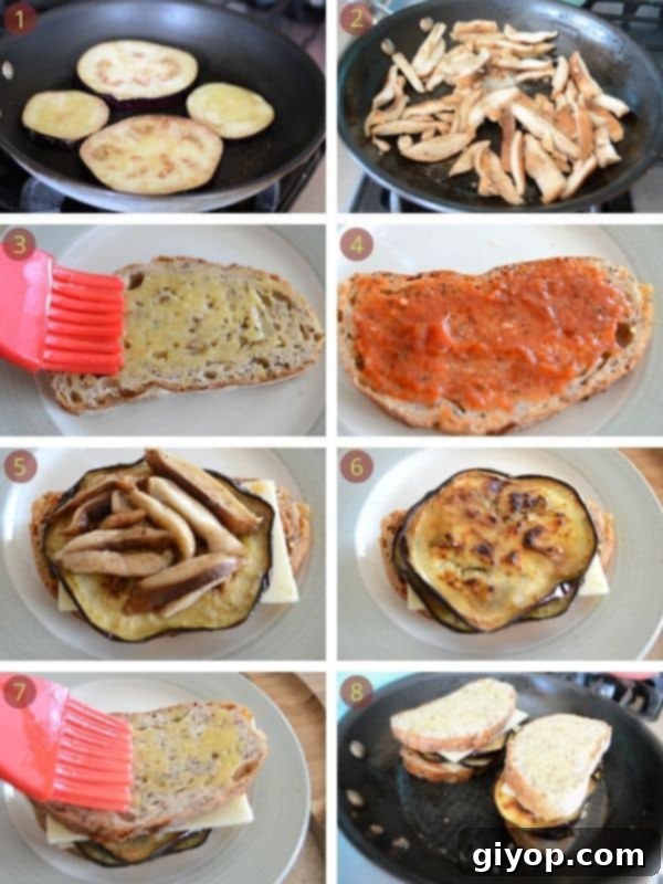 Step-by-step photos showing bread, cheese, and eggplant ready for sandwich assembly.