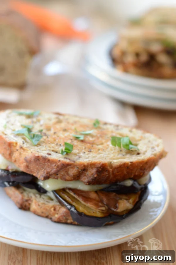 A close-up of a plate of food, featuring an eggplant and mushroom sandwich.