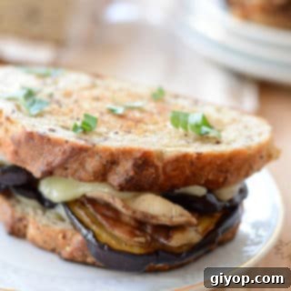 A sandwich on a plate, with Cheese and Eggplant