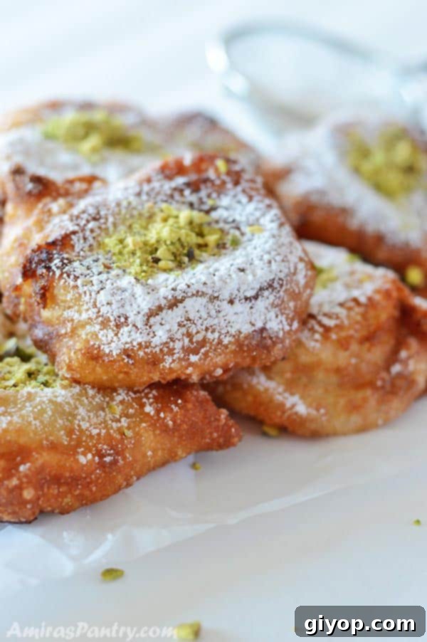 A close up of golden brown Tamriyeh pastries on a plate, generously sprinkled with powdered sugar