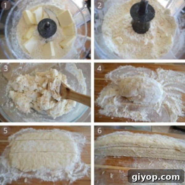 Step-by-step photos illustrating the process of making buttermilk biscuits dough.