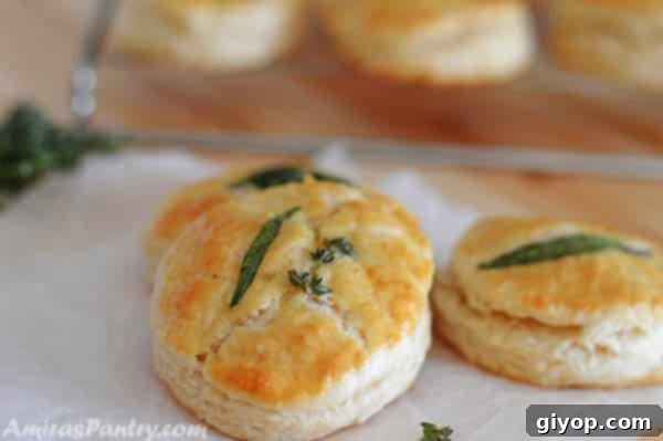 Close-up of baked buttermilk biscuits with fresh herbs on parchment paper.