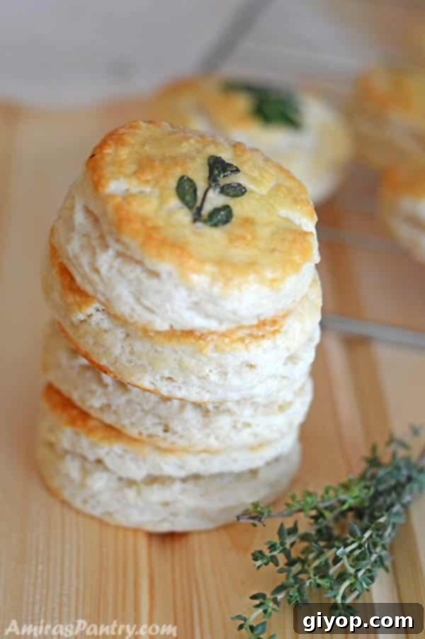 A stack of buttermilk cookies on a wooden table with green herbs on the side.
