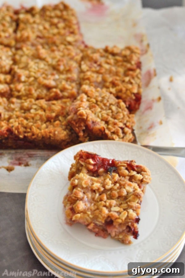 A plate with golden, crumbly strawberry rhubarb bars, ready to be enjoyed.