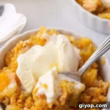 A bowl of peach cobbler with an ice cream scoop on top.