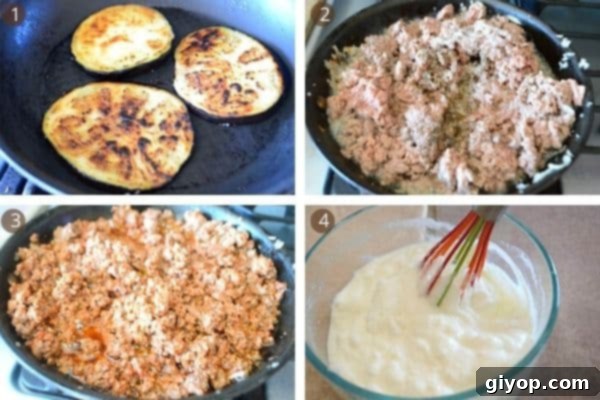 Step-by-step image showing cooked eggplant slices and a bowl of creamy yogurt sauce, ready for assembly.
