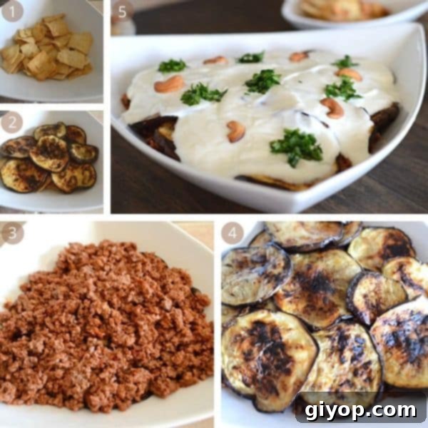 A close-up view of the ingredients for Eggplant Fatteh, including cooked eggplant and the prepared yogurt sauce.