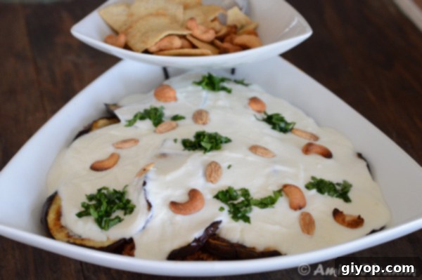 A beautifully assembled dish of Eggplant Fatteh, garnished and ready to be served.