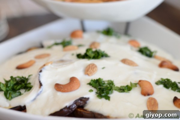 A portion of Eggplant Fatteh in a smaller bowl, ready to be enjoyed.