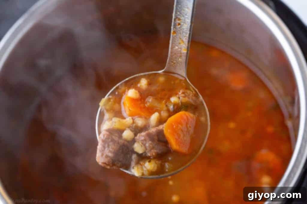A ladle with some hearty barley soup over an Instant Pot, showing the steam and rich texture of the soup.