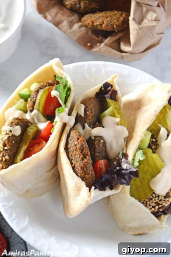 Crispy Egyptian falafel sandwiches brimming with fresh greens and drizzled with creamy tahini sauce, served on a white plate.