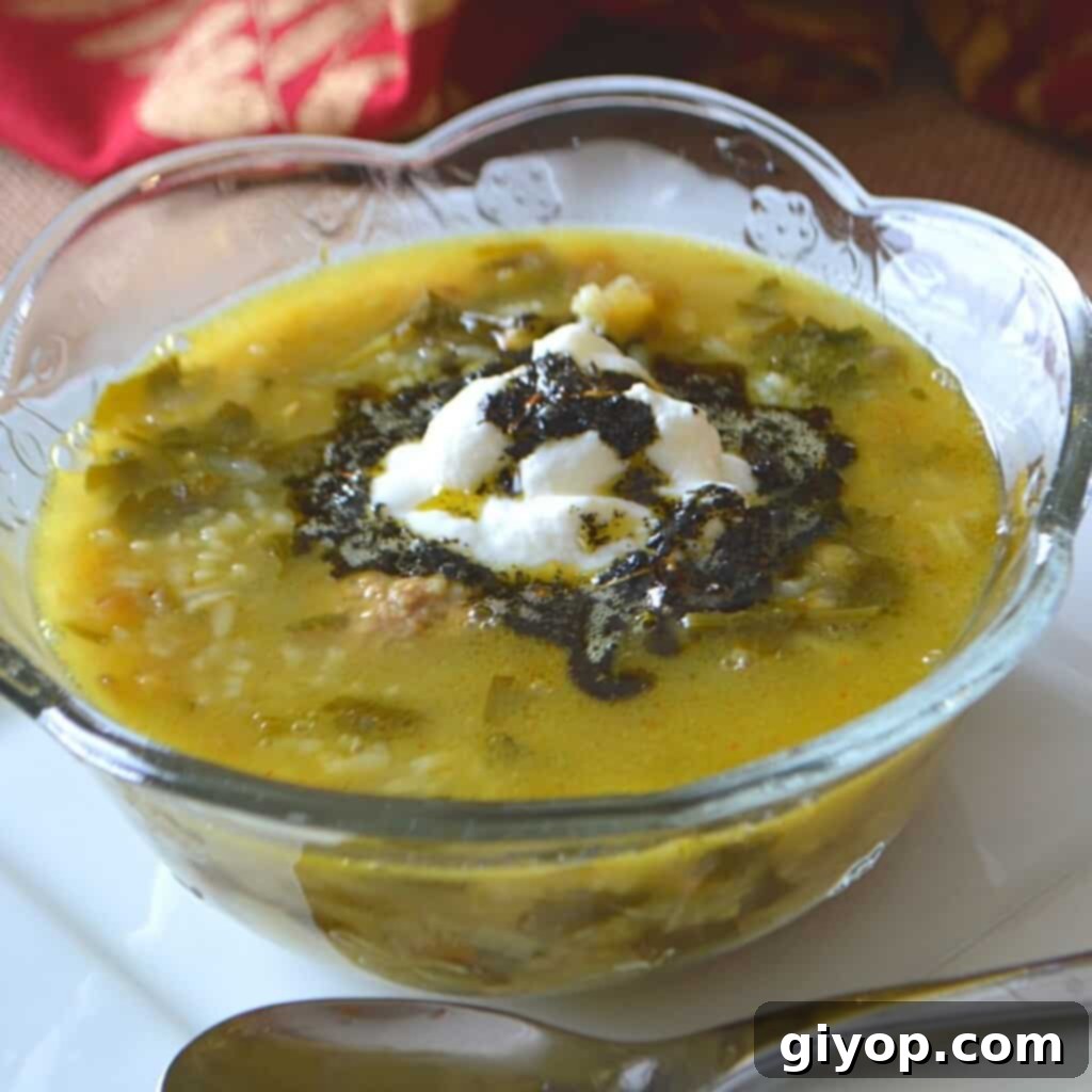 Persian soup in a clear glass bowl with a spoon on the side, highlighting its rich texture and color.