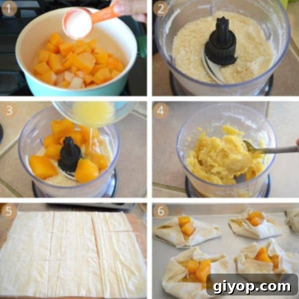 Step-by-step images showing the process of making frangipane tarts, from preparing the filling to shaping the phyllo dough.